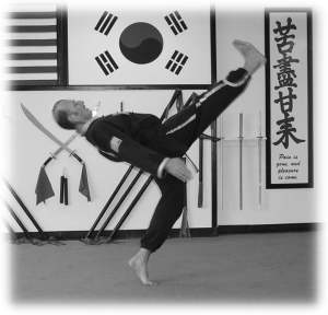 Flexibility and control is demonstrated in a kick development technique
