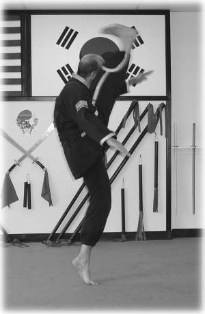 Flexibility and control is demonstrated in a kick development technique